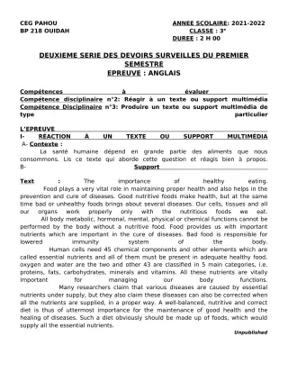 Première page de Anglais 3e — 2e devoir surveillé, 1er semestre (2021-2022) · CEG PAHOU