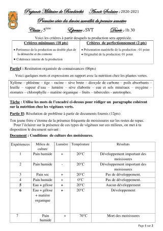 Première page de SVT 5e — 1er devoir surveillé, 1er semestre (2020-2021) · PMB