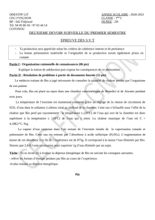 Première page de SVT 1ère C — 2e devoir surveillé, 1er semestre (2020-2021) · CEG FIYEGNON