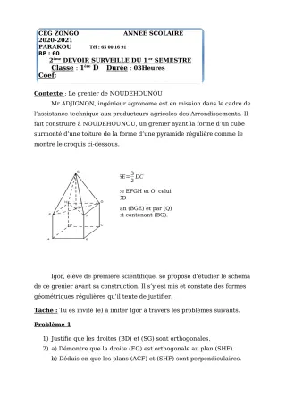 Première page de Mathématiques 1ère D — 2e devoir surveillé, 1er semestre (2020-2021) · CEG ZONGO