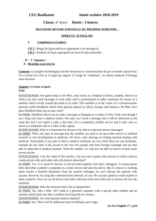 Première page de Anglais 1ère D, Tle A & B — 2e devoir surveillé, 1er semestre (2018-2019) · CEG Banikanni