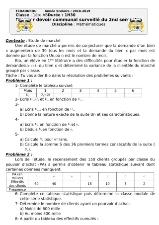 Première page de Mathématiques 1ère A — 1er devoir surveillé, 2e semestre (2018-2019) · CEG Tchatchou