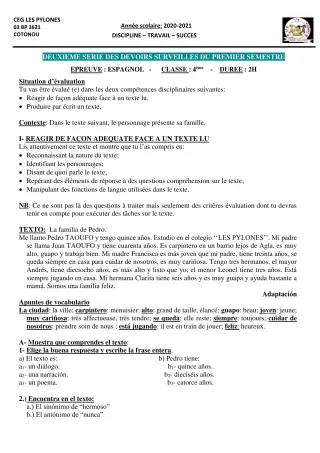 Première page de Espagnol 4e, 3e ML, 2nde A & B, 2nde A1, 2nde A2, 2nde B, 1ère A1, 1ère A2, 1ère B, Tle A1, Tle A2, Tle B — 2e devoir surveillé, 1er semestre (2020-2021) · CEG Les Pylônes