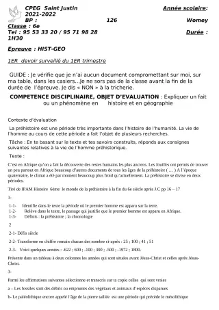 Première page de Histoire-Géographie 6e — 1er devoir surveillé, 1er trimestre (2021-2022) · CPEG SAINT Justin
