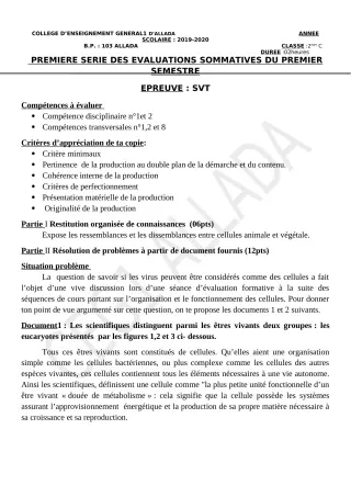 Première page de SVT 2nde A & B — 1re évaluation sommative, 1er semestre (2019-2020) · CEG1 Allada