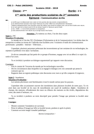 Première page de Français 3e, 3e ML — 1re production scolaire, 2e semestre (2018-2019) · CEG3 Pobè (Akouho)