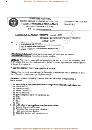 Première page de EPS 6e – Composition du 1er trimestre 2025-2026 – Gymnastique au sol et parcours sportif – Collège Catholique Père Aupiais