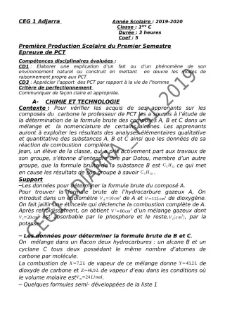 Première page de PCT 1ère C — 1re production scolaire, 1er semestre (2019-2020) · CEG1 Adjarra
