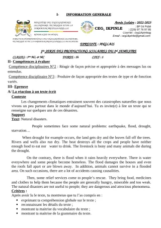 Première page de Anglais 3e — 1re production scolaire, 2e semestre (2022-2023) · CEG1 Ikpinlè