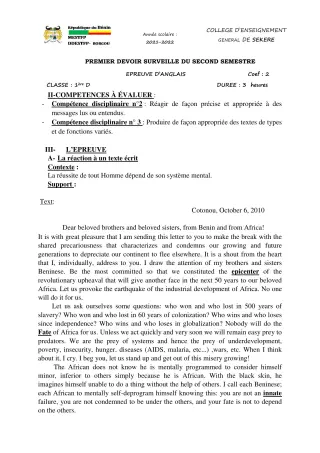 Première page de Anglais 1ère D — 1er devoir surveillé, 2e semestre (2021-2022) · CEG SEKERE