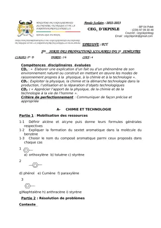 Première page de PCT 1ère D — 2e production scolaire, 1er semestre (2022-2023) · CEG1 Ikpinlè