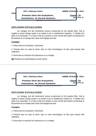 Première page de Français 5e — 1re évaluation sommative, 2e semestre (2021-2022) · CEG2 ABOMEY - CALAVI (CEG ZOCA)