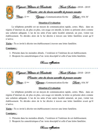 Première page de Français 5e — 1er devoir surveillé, 1er semestre (2018-2019) · PMB
