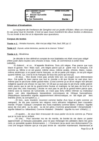 Première page de Français 2nde A, 2nde B, 2nde C, 2nde D — 1er devoir surveillé, 1er semestre (2018-2019) · CEG2 ABOMEY - CALAVI (CEG ZOCA)