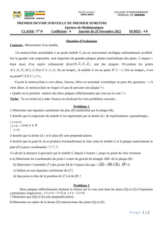 Première page de Mathématiques Tle D — 1er devoir surveillé, 1er semestre (2022-2023) · CEG SEKERE