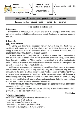 Première page de Anglais 3e — 2e production scolaire, 1er semestre (2023-2024) · CEG GOHO