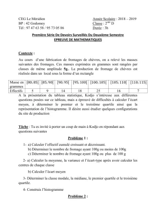 Première page de Mathématiques 2nde D — 1er devoir surveillé, 2e semestre (2018-2019) · CEG Le Méridien