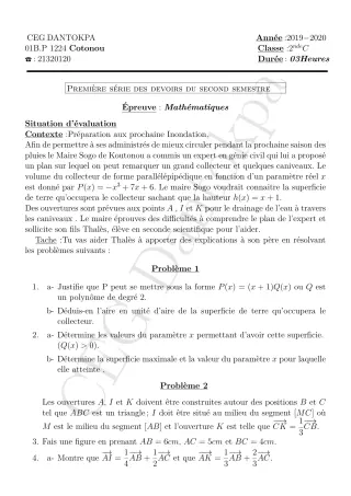 Première page de Mathématiques 2nde C — 1er devoir surveillé, 2e semestre (2019-2020) · CEG Dantokpa