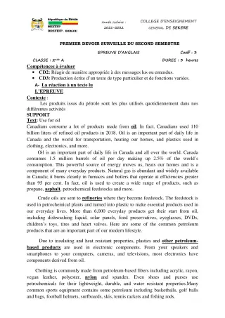 Première page de Anglais 2nde A2 — 1er devoir surveillé, 2e semestre (2021-2022) · CEG SEKERE