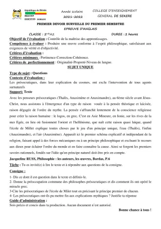 Première page de Philosophie 2nde A2 — 1er devoir surveillé, 1er semestre (2021-2022) · CEG SEKERE
