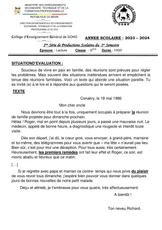 Première page de Français 6e — 1re production scolaire, 1er semestre (2023-2024) · CEG GOHO