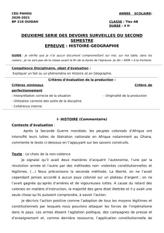 Première page de Histoire-Géographie Tle A1, Tle A2, Tle B — 2e devoir surveillé, 2e semestre (2020-2021) · CEG PAHOU