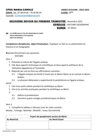 Première page de Histoire-Géographie 5e — 2e devoir surveillé, 1er trimestre (2022-2023) · CPEG MARIA-CAROLE