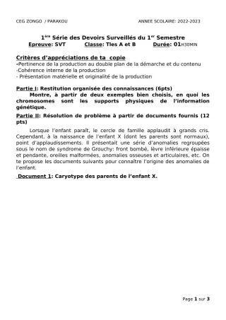 Première page de SVT Tle A1, Tle A2, Tle B — 1er devoir surveillé, 1er semestre (2022-2023) · CEG ZONGO