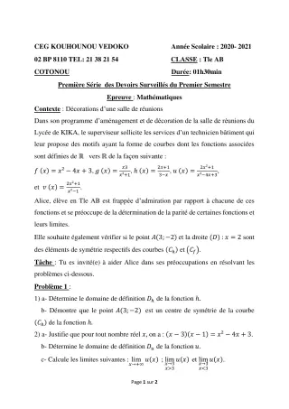 Première page de Mathématiques Tle A1, Tle A2, Tle B — 1er devoir surveillé, 1er semestre (2020-2021) · CEG Kouhounou-Vêdoko