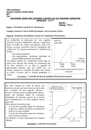 Première page de SVT Tle C — 2e devoir surveillé, 1er semestre (2018-2019) · CEG Banikanni