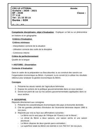 Première page de Devoir surveillé de HIST-GEO — Tle C, Tle D — CEG Le Littoral (2020)