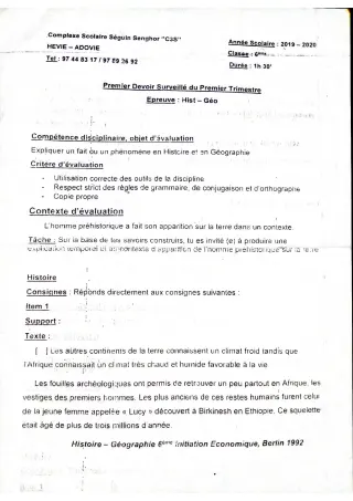 Première page de Histoire-Géographie 6e — 1er devoir surveillé, 1er trimestre (2019-2020) · CPEG SEGUIN SENGHOR