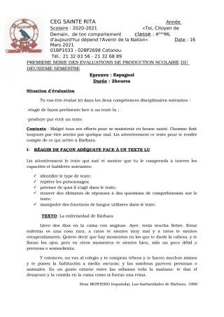 Première page de Espagnol 4e ML, 3e ML, 2nde A2, 2nde B, 1ère A2, 1ère B, Tle A2, Tle B — Production scolaire, 2e semestre (2020-2021) · CEG Sainte Rita