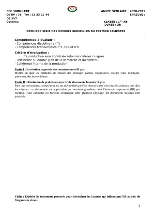 Première page de SVT 1ère A1, 1ère A2 — 1er devoir surveillé, 1er semestre (2020-2021) · CEG SURU-LERE