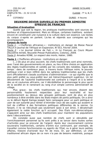 Première page de Français Tle A2, Tle B, Tle C, Tle D — 2e devoir surveillé, 1er semestre (2019-2020) · CEG du Lac