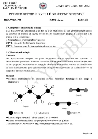 Première page de PCT 4e — 1er devoir surveillé, 2e semestre (2023-2024) · CEG Yagbe
