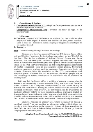Première page de Anglais 1ère C, 1ère D — 2e devoir surveillé, 1er semestre (2019-2020) · CEG 1 Akpakpa-Centre