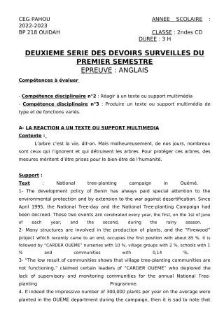 Première page de Anglais 2nde C, 2nde D — 2e devoir surveillé, 1er semestre (2022-2023) · CEG PAHOU