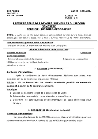 Première page de Histoire-Géographie 3e, 3e ML — 1er devoir surveillé, 2e semestre (2020-2021) · CEG PAHOU