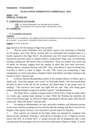 Première page de Anglais Tle C, Tle D — Évaluation sommative (2018-2019) · CEG Albarika