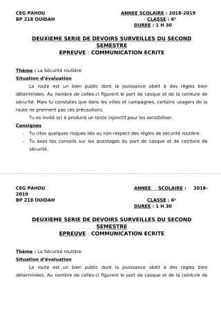 Première page de Français 6e — 2e devoir surveillé, 2e semestre (2018-2019) · CEG PAHOU