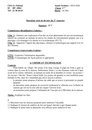 Première page de PCT 6e — 2e devoir surveillé (2019-2020) · CEG LE NOKOUE