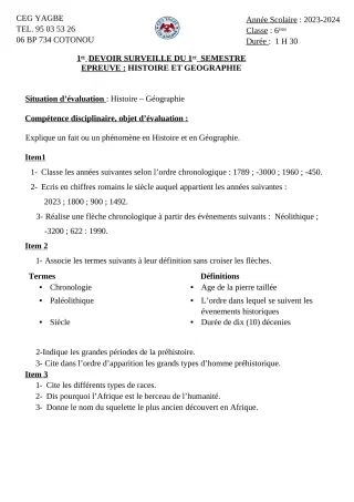 Première page de Histoire-Géographie 6e — 1er devoir surveillé, 1er semestre (2023-2024) · CEG Yagbe