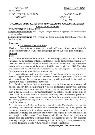 Première page de Anglais 2nde A, 2nde B — 1er devoir surveillé, 1er semestre (2019-2020) · CEG du Lac