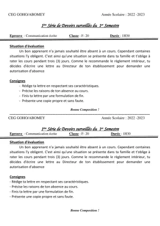 Première page de Français 5e — 1er devoir surveillé, 1er semestre (2022-2023) · CEG GOHO