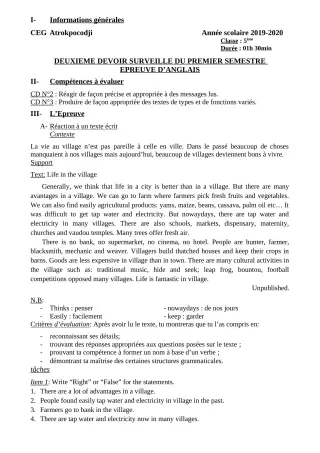 Première page de Anglais 5e — 2e devoir surveillé, 1er semestre (2019-2020) · CEG ATROKPOCODJI