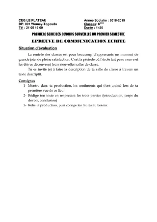 Première page de Français 6e — 1er devoir surveillé, 1er semestre (2018-2019) · CEG Le Plateau