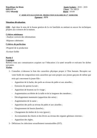 Première page de Français 2nde A & B, 2nde C, 2nde D, 1ère A & B, 1ère C, 1ère D, Tle A1, Tle A2, Tle B, Tle C, Tle D — Production scolaire, 2e semestre (2018-2019) · CEG SEKANDJI