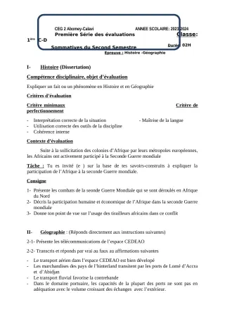 Première page de Histoire-Géographie 1ère D — 1re évaluation sommative, 2e semestre (2023-2024) · CEG2 ABOMEY - CALAVI (CEG ZOCA)