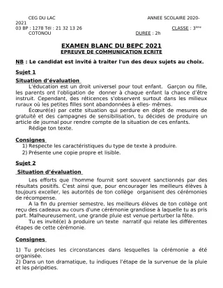 Première page de Français 3e, 3e ML — 1er semestre (2020-2021) · CEG du Lac